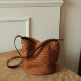Handwoven Full-Grain Leather Bucket Bag | Stylish Shoulder Bag for Women | Leather Beach Bag