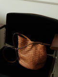 Handwoven Full Grain Leather Bucket Bag | Stylish Shoulder Bag for Women | Leather Beach Bag