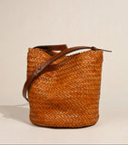 Handwoven Full Grain Leather Bucket Bag | Stylish Shoulder Bag for Women | Leather Beach Bag