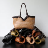 Handwoven Full Grain Cowhide Leather Basket Tote | V-Cut Rim Leather Shoulder Bag | Summer Beach Bag in Two Sizes