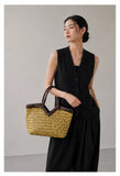 Handwoven Full Grain Cowhide Leather Basket Tote | V-Cut Rim Leather Shoulder Bag | Summer Beach Bag in Two Sizes