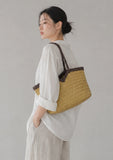 Handwoven Full Grain Cowhide Leather Basket Tote | V-Cut Rim Leather Shoulder Bag | Summer Beach Bag in Two Sizes