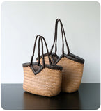 Handwoven Full Grain Cowhide Leather Basket Tote | V-Cut Rim Leather Shoulder Bag | Summer Beach Bag in Two Sizes
