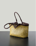 Handwoven Full Grain Cowhide Leather Basket Tote | V-Cut Rim Leather Shoulder Bag | Summer Beach Bag in Two Sizes