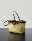 Handwoven Full Grain Cowhide Leather Basket Tote | V-Cut Rim Leather Shoulder Bag | Summer Beach Bag in Two Sizes