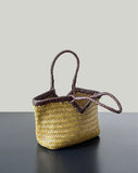 Handwoven Full Grain Cowhide Leather Basket Tote | V-Cut Rim Leather Shoulder Bag | Summer Beach Bag in Two Sizes