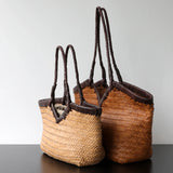 Handwoven Full Grain Cowhide Leather Basket Tote | V-Cut Rim Leather Shoulder Bag | Summer Beach Bag in Two Sizes