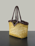 Handwoven Full Grain Cowhide Leather Basket Tote | V-Cut Rim Leather Shoulder Bag | Summer Beach Bag in Two Sizes
