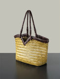 Handwoven Full Grain Cowhide Leather Basket Tote | V-Cut Rim Leather Shoulder Bag | Summer Beach Bag in Two Sizes