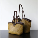 Handwoven Full Grain Cowhide Leather Basket Tote | V-Cut Rim Leather Shoulder Bag | Summer Beach Bag in Two Sizes