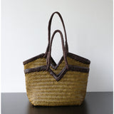 Handwoven Full Grain Cowhide Leather Basket Tote | V-Cut Rim Leather Shoulder Bag | Summer Beach Bag in Two Sizes