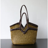Handwoven Full Grain Cowhide Leather Basket Tote | V-Cut Rim Leather Shoulder Bag | Summer Beach Bag in Two Sizes