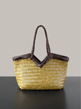 Handwoven Full Grain Cowhide Leather Basket Tote | V-Cut Rim Leather Shoulder Bag | Summer Beach Bag in Two Sizes