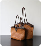 Handwoven Full Grain Cowhide Leather Basket Tote | V-Cut Rim Leather Shoulder Bag | Summer Beach Bag in Two Sizes