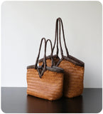Handwoven Full Grain Cowhide Leather Basket Tote | V-Cut Rim Leather Shoulder Bag | Summer Beach Bag in Two Sizes