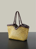 Handwoven Full Grain Cowhide Leather Basket Tote | V-Cut Rim Leather Shoulder Bag | Summer Beach Bag in Two Sizes