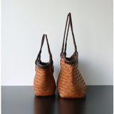 Handwoven Full Grain Cowhide Leather Basket Tote | V-Cut Rim Leather Shoulder Bag | Summer Beach Bag in Two Sizes