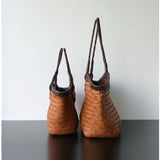 Handwoven Full Grain Cowhide Leather Basket Tote | V-Cut Rim Leather Shoulder Bag | Summer Beach Bag in Two Sizes