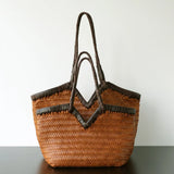 Handwoven Full Grain Cowhide Leather Basket Tote | V-Cut Rim Leather Shoulder Bag | Summer Beach Bag in Two Sizes