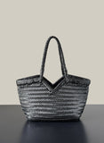 Handwoven Full Grain Cowhide Leather Basket Tote | V-Cut Rim Leather Shoulder Bag | Summer Beach Bag in Two Sizes