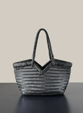 Handwoven Full Grain Cowhide Leather Basket Tote | V-Cut Rim Leather Shoulder Bag | Summer Beach Bag in Two Sizes
