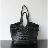 Handwoven Full Grain Cowhide Leather Basket Tote | V-Cut Rim Leather Shoulder Bag | Summer Beach Bag in Two Sizes