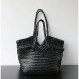 Handwoven Full Grain Cowhide Leather Basket Tote | V-Cut Rim Leather Shoulder Bag | Summer Beach Bag in Two Sizes