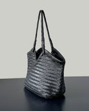 Handwoven Full Grain Cowhide Leather Basket Tote | V-Cut Rim Leather Shoulder Bag | Summer Beach Bag in Two Sizes