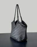 Handwoven Full Grain Cowhide Leather Basket Tote | V-Cut Rim Leather Shoulder Bag | Summer Beach Bag in Two Sizes