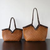 Handwoven Full Grain Cowhide Leather Basket Tote | V-Cut Rim Leather Shoulder Bag | Summer Beach Bag in Two Sizes