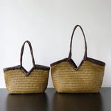 Handwoven Full Grain Cowhide Leather Basket Tote | V-Cut Rim Leather Shoulder Bag | Summer Beach Bag in Two Sizes