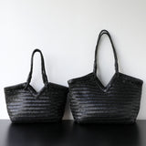 Handwoven Full Grain Cowhide Leather Basket Tote | V-Cut Rim Leather Shoulder Bag | Summer Beach Bag in Two Sizes