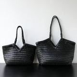 Handwoven Full Grain Cowhide Leather Basket Tote | V-Cut Rim Leather Shoulder Bag | Summer Beach Bag in Two Sizes