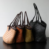 Handwoven Full Grain Cowhide Leather Basket Tote | V-Cut Rim Leather Shoulder Bag | Summer Beach Bag in Two Sizes