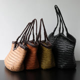 Handwoven Full Grain Cowhide Leather Basket Tote | V-Cut Rim Leather Shoulder Bag | Summer Beach Bag in Two Sizes
