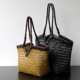 Handwoven Full Grain Cowhide Leather Basket Tote | V-Cut Rim Leather Shoulder Bag | Summer Beach Bag in Two Sizes