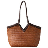 Handwoven Full Grain Cowhide Leather Basket Tote | V-Cut Rim Leather Shoulder Bag | Summer Beach Bag in Two Sizes
