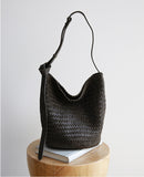 Handwoven full-grain leather bucket bag – new colourway artisan woven vegetable-tanned leather