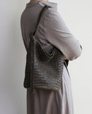 Full-grain vegetable-tanned leather bucket bag – handwoven woven leather shoulder bag women