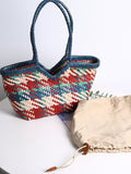 Handwoven Full Grain Leather Tote Bag for Women | Multicolor Bohemian Braided Basket Shoulder Bag | Spring Summer Market Bag