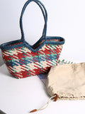 Handwoven Full Grain Leather Tote Bag for Women | Multicolor Bohemian Braided Basket Shoulder Bag | Spring Summer Market Bag