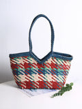Handwoven Full Grain Leather Tote Bag for Women | Multicolor Bohemian Braided Basket Shoulder Bag | Spring Summer Market Bag