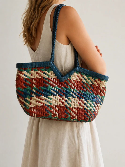 Handwoven Full Grain Leather Tote Bag for Women | Multicolor Bohemian Braided Basket Shoulder Bag | Spring Summer Market Bag