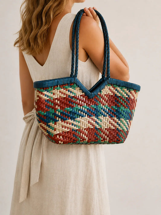Handwoven Full Grain Leather Tote Bag for Women | Multicolor Bohemian Braided Basket Shoulder Bag | Spring Summer Market Bag