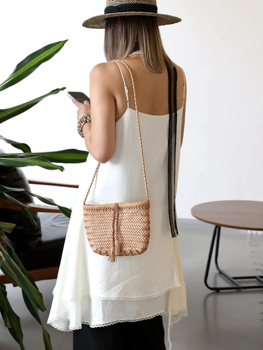 Handwoven Italian Cowhide Leather Crossbody Bag for Women | Artisan Woven Shoulder Bag with Tassel & Drawstring Pouch | 8 Colours | Casual Daily & Weekend Ba