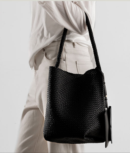 Handwoven Lambskin Leather Bucket Bag, Luxury Intrecciato Shoulder/Hobo Bag | All-Leather Interior & Exterior
