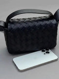 Handwoven Lambskin Leather Mini Bag – Diagonal Basketweave Crossbody | Top Handle Woven Leather Shoulder Bag