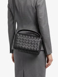 Handwoven Lambskin Leather Mini Bag – Diagonal Basketweave Crossbody | Top Handle Woven Leather Shoulder Bag