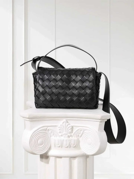 Handwoven Lambskin Leather Mini Bag – Diagonal Basketweave Crossbody | Top Handle Woven Leather Shoulder Bag