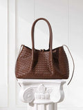 Handwoven Lambskin Leather Brown Tote Bag | Woven Soft Leather Handbag for Women | Luxury Designer Handbag with Top Handles & Crossbody Strap